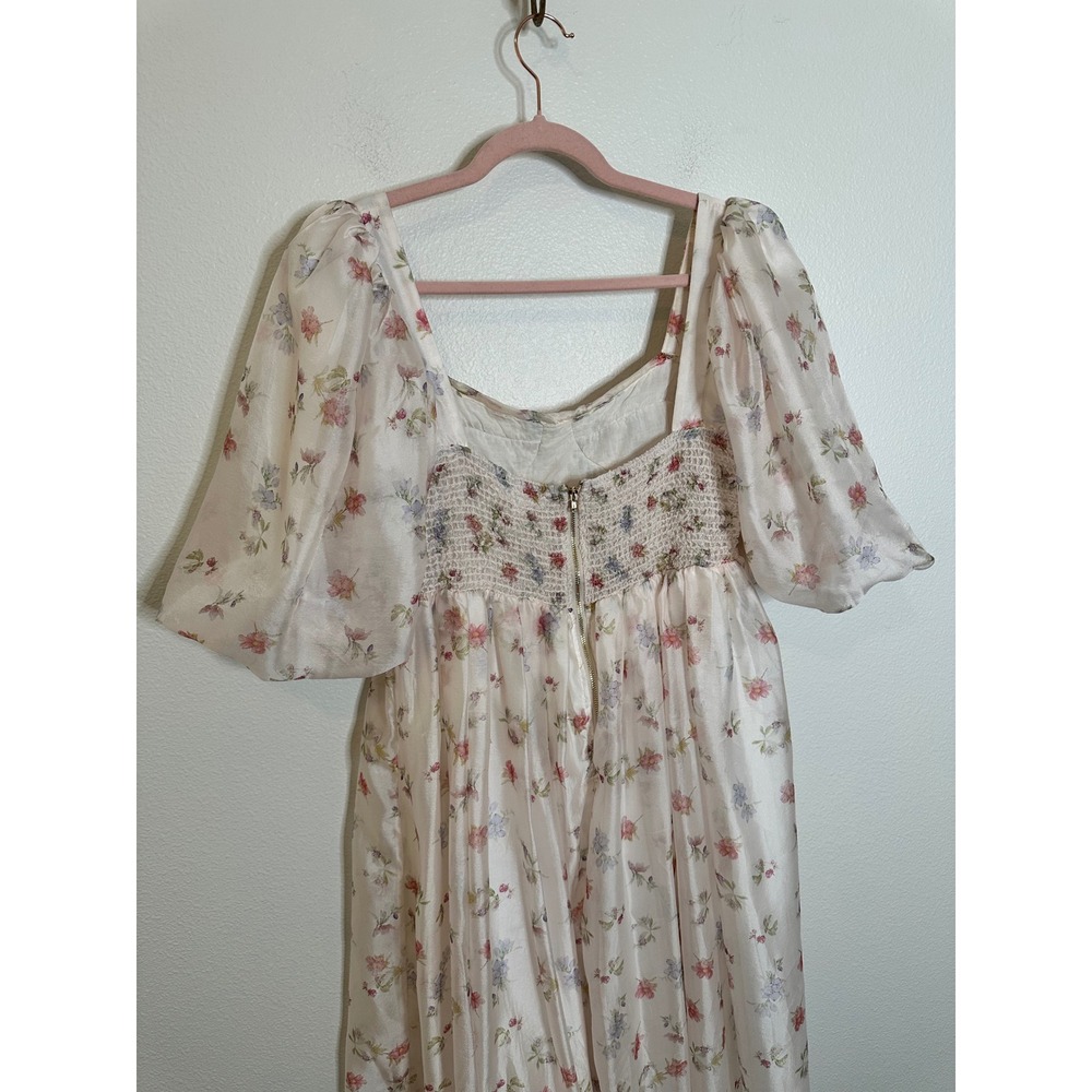 Worth Collective Harlow Smocked Midi Dress Size M Pink Cream Puff Sleeve Floral - Picture 6 of 9
